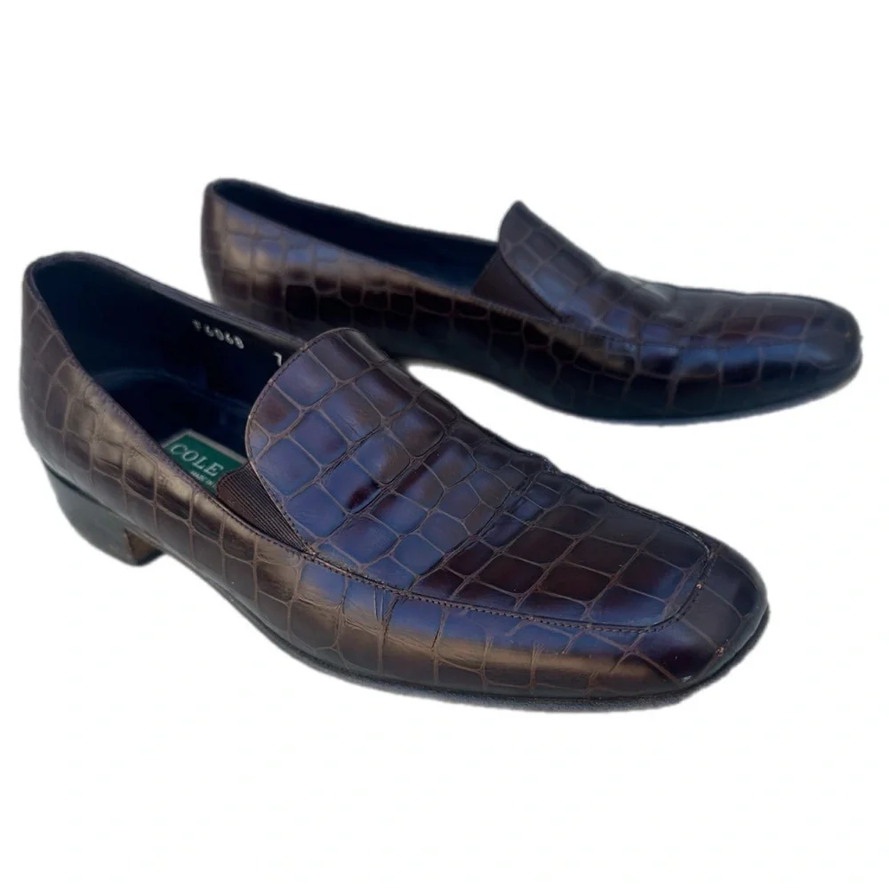 Vintage Cole Haan Croc-Embossed Leather Loafers – Brown Slip-On Dress Shoes, 7